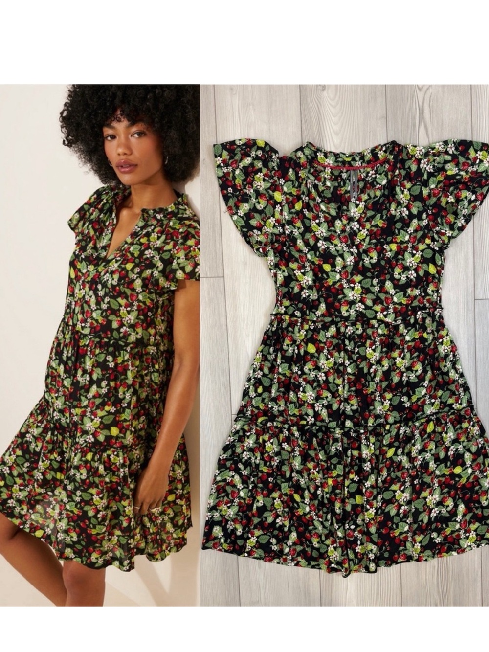 Anthropologie Black Floral Ruffle-Sleeve Tiered Mini Dress M